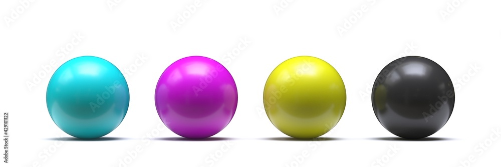 Spheres in CMYK colors - cyan, magenta, yellow, black 3D Spheres in CMYK colors - cyan, magenta, yellow, black 3D