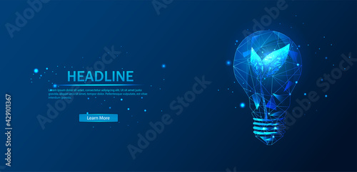 Abstract low-poly light bulb with a sprout inside. The Internet Technology triangle icon is a concept of a polygonal network. An idea, gardening, innovation, or other conceptual illustration.