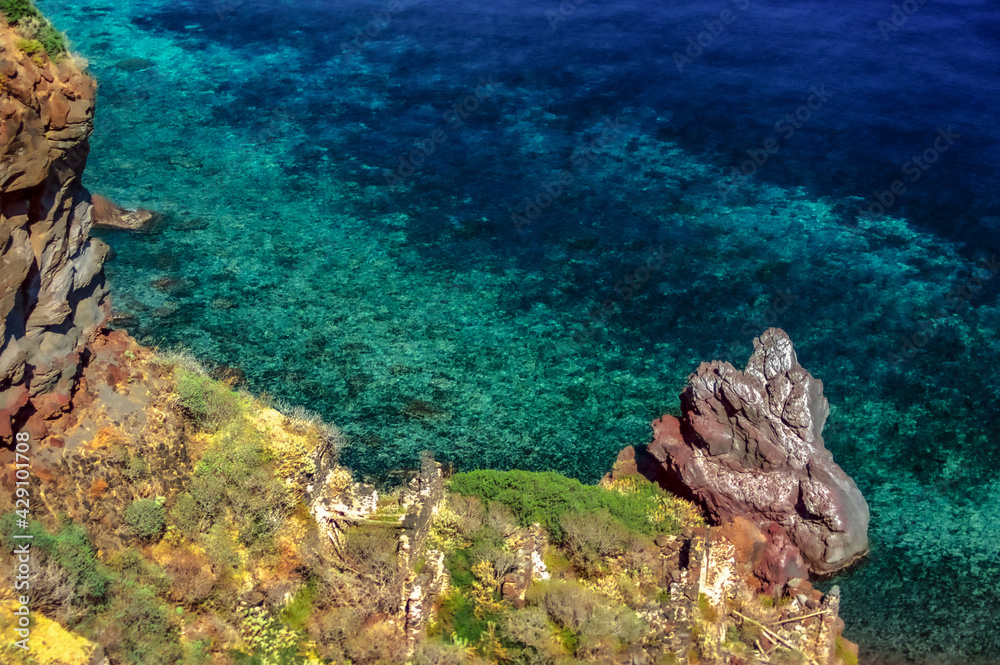Salina Island, secret beach with ancient ruins of fishermen Salina Island, secret beach with ancient ruins of fishermen