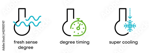 Fresh sense-degree timing and super cooling button icon set. Such statements are refrigerator and air conditioning set. Colorful refrigerator button icon set. Editable Stroke. Logo, web and app.