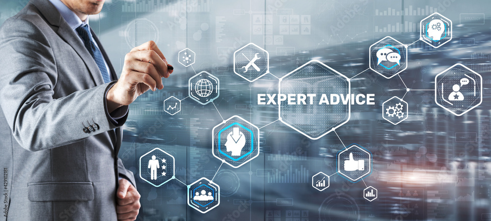 Expert advice. Businessman hand touching inscription on virtual screen Expert advice. Businessman hand touching inscription on virtual screen