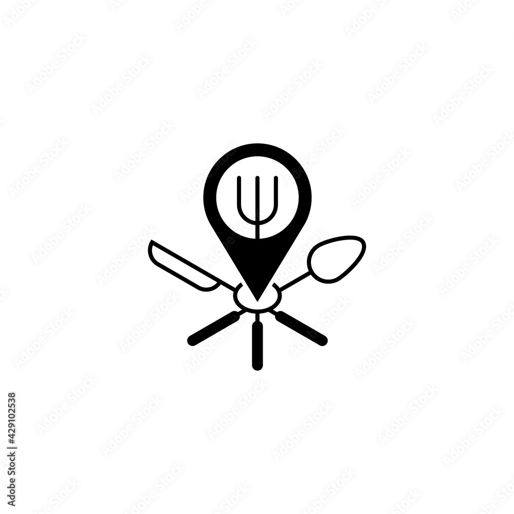 Pin location with fork spoon knife illustration for restaurant logo template design.