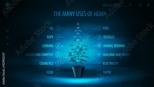 Many uses of hemp, dark and blue digital poster with dark neon scene, infographic of uses of hemp and hologram greenbush of cannabis plant