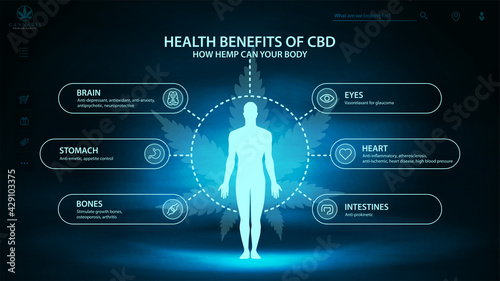 Hemp CBD benefits for your body, ark and blue digital poster with dark neon scene, infographic and silhouette of human body. Health benefits of Cannabidiol CBD from cannabis, hemp, marijuana