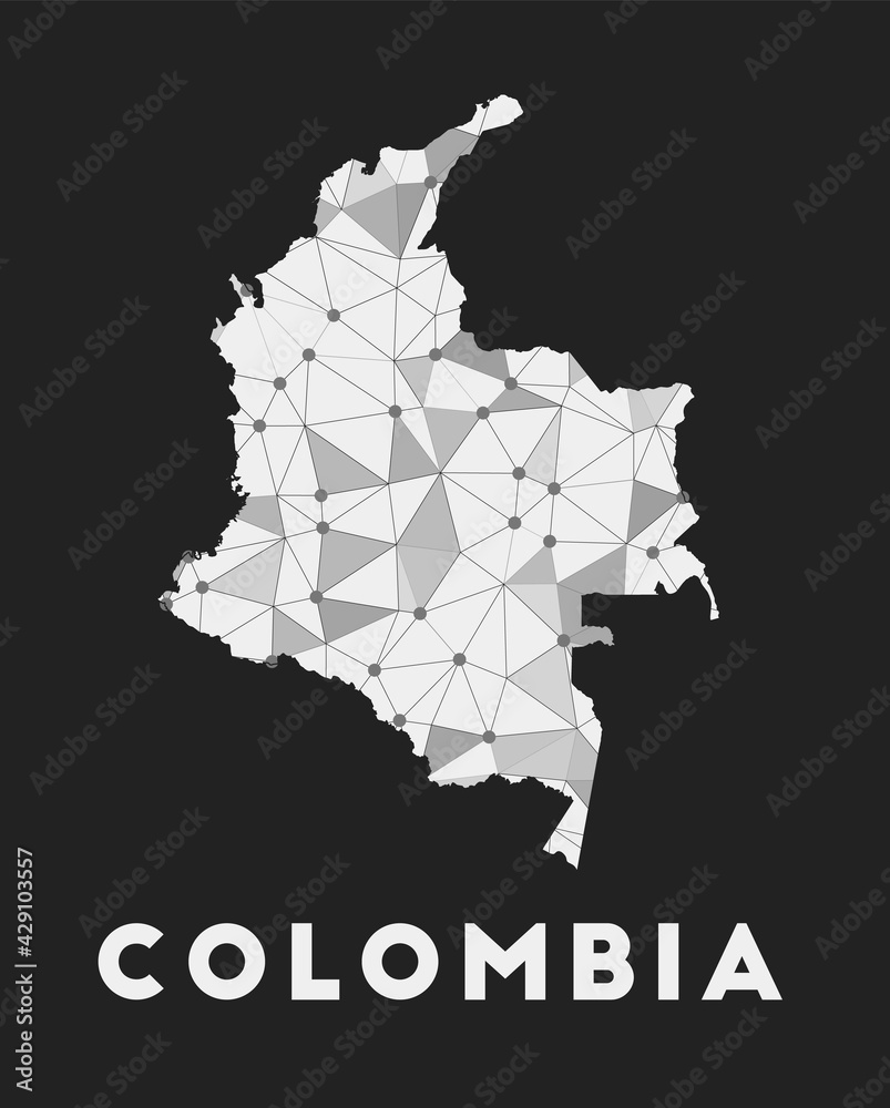 Colombia - communication network map of country. Colombia trendy geometric design on dark background. Technology, internet, network, telecommunication concept. Vector illustration.