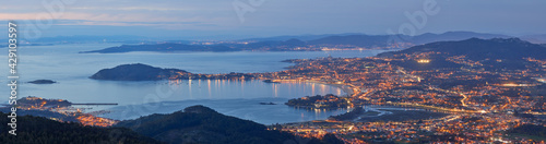 Panoramic of a beautiful sunset in the Vigo estuary, Galicia, Spain.