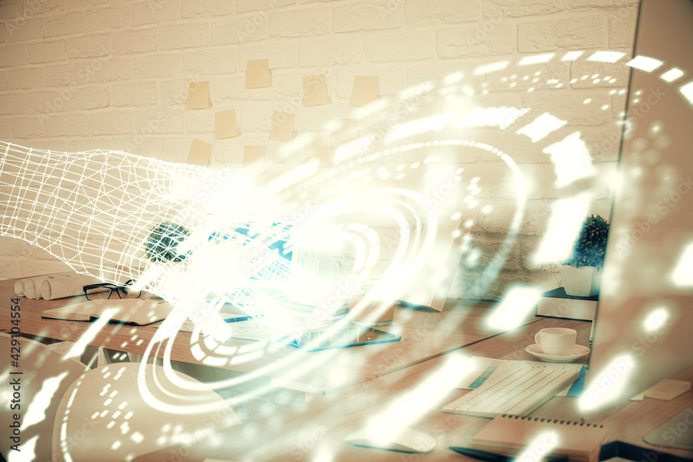 Naklejka premium Double exposure of data theme drawing and office interior background. Concept of technology.