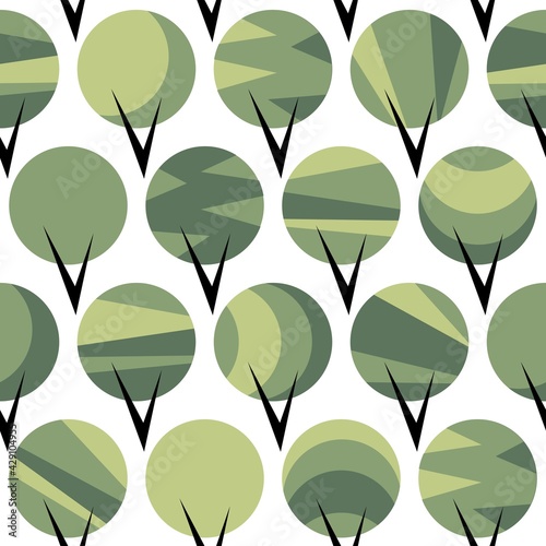 Seamless pattern with stylized green trees on white background