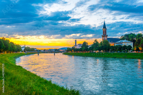 sunset over salzach river in Salzburg, Austria. photo