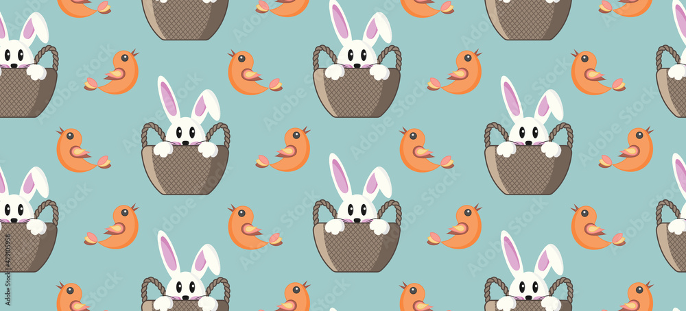 Fototapeta premium Seamless pattern with cute bunny sitting in a basket and a flying bird, vector 