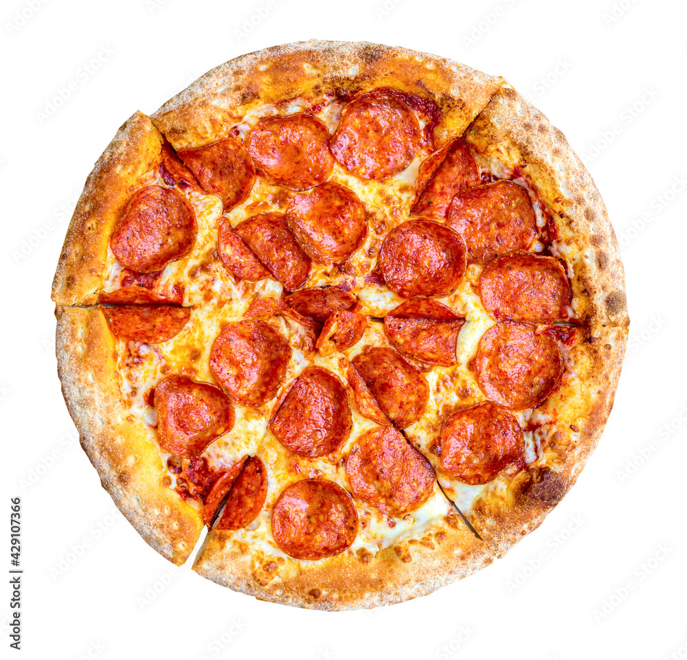 Fresh tasty pizza with pepperoni isolated on white background. Top view Fresh tasty pizza with pepperoni isolated on white background. Top view