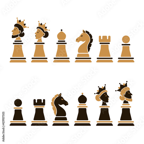 Vector set of cartoon chess pieces: king, queen, bishop, knight, rook, pawn isolated on white background.