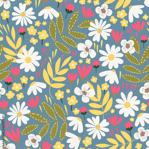 Floral seamless pattern in hand-drawn style.  Vector background with flowers. Design for wallpaper, fabrics or wrapping paper.