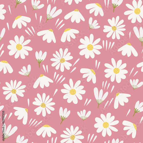 chamomile seamless pattern. Cute floral background with white flowers in doodle style