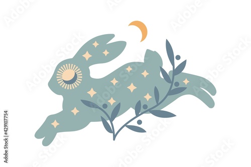 Abstract running bunny with stars, moon, branch isolated on white background. Boho vector illustration. Mystery symbols. Design for birthday, party, clothing prints, greeting cards.