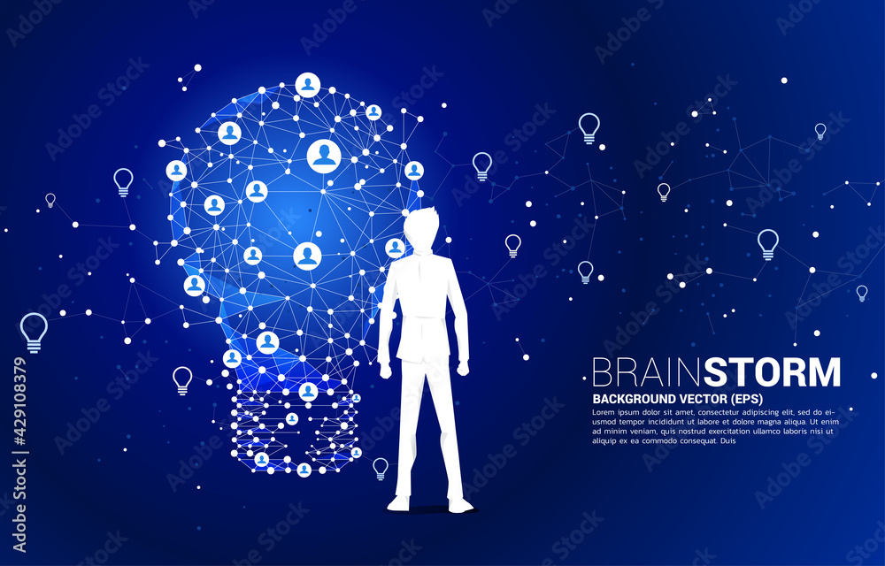 Businessman standing with light bulb from Wireframe polygonal lines Connect dot Geometric with people icon. Concept of business idea and brainstorm. Businessman standing with light bulb from Wireframe polygonal lines Connect dot Geometric with people icon. Concept of business idea and brainstorm.