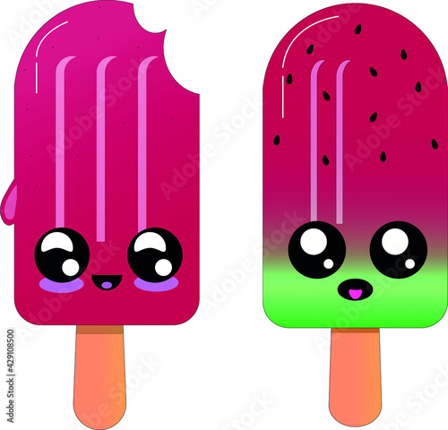 Kawaii ice popsicle with wooden stick on white background. Strawberry and watermelon tender