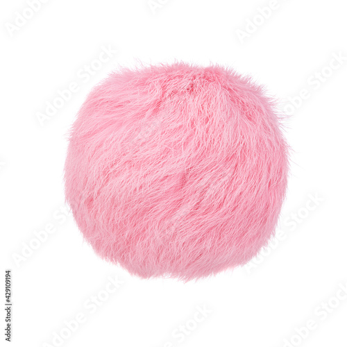 Close up of pink rabbit fur pompom isolated on white background