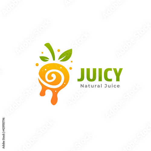Natural orange lime juice logo with splash liquid and green leaf icon