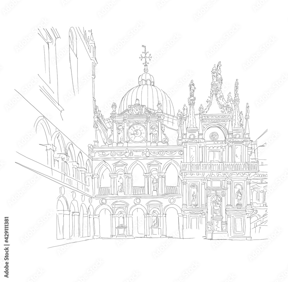 Doge’s palace. Palazzo Ducale Venice outline illustration
