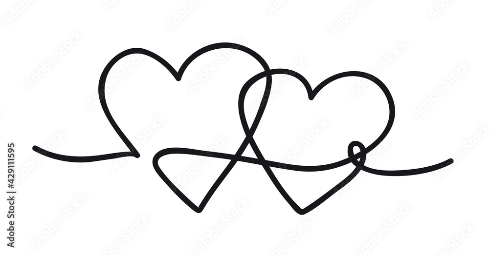Hearts. Continuous line art drawing. Friendship and love concept. Best friend forever. Black and white vector illustration.