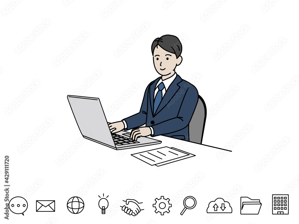 パソコンを使うスーツ姿の男性　デスクワーク　仕事　会社員　イラスト素材