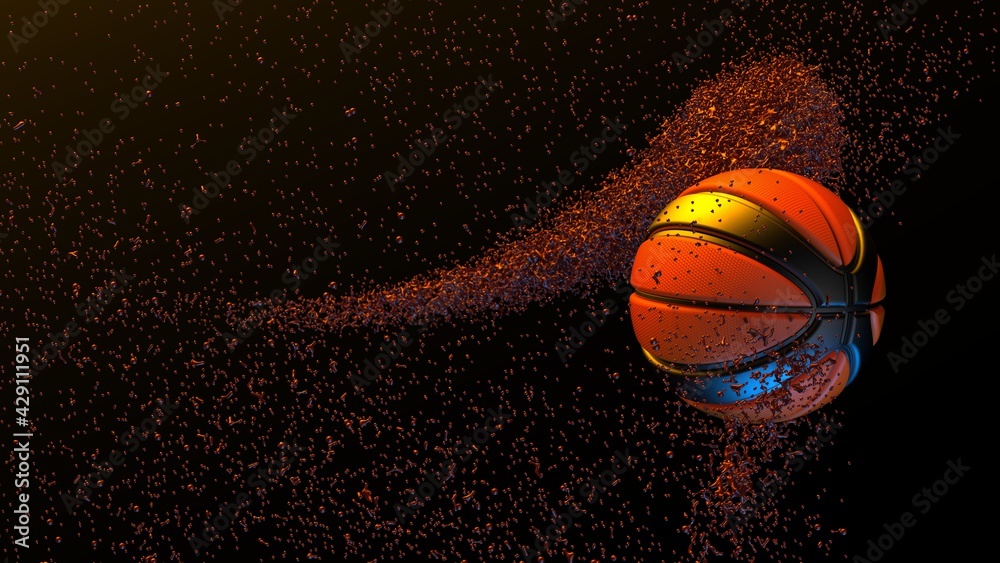 Orange-Black Basketball with Particles under Orange-Blue lighting background. 3D illustration. 3D high quality rendering. 3D CG.