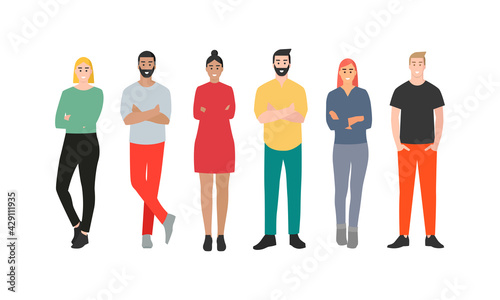 Personas. Hombres y mujeres de pie. Grupo o equipo de trabajo. Ilustración vectorial aislada en fondo blanco photo