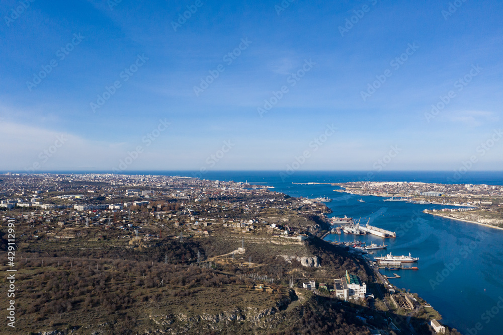 Sevastopol from the Inkerman side. Panorama of the central Sevastopol bay with ships. Sevastopol in December.
