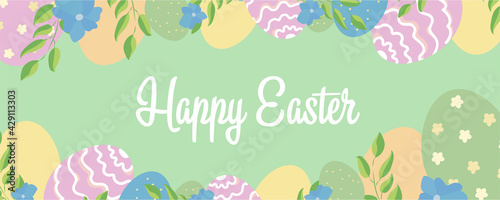 Vector illustration of Easter banner. Trendy design with typography, hand painted strokes and dots, eggs. Modern minimal style. Horizontal poster, greeting card, header for website. Happy Easter
