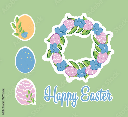 Vector illustration of Easter egg and wreath with cute leaves, blue and pink flower. For typography, greeting card, web, posters, invitations, stickers. Happy Easter. Christian holiday. Spring.