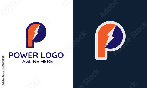 Power logo design concept with letter P and bolt icon isolated on white and dark background. Flat Vector. (ID: 429113727)