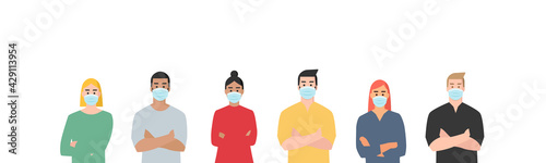 Personas con mascarillas. Hombres y mujeres que usan mascarilla para protección contra virus, contaminación del aire urbano, smog, vapor, emisión de gases contaminantes. Ilustración vectorial