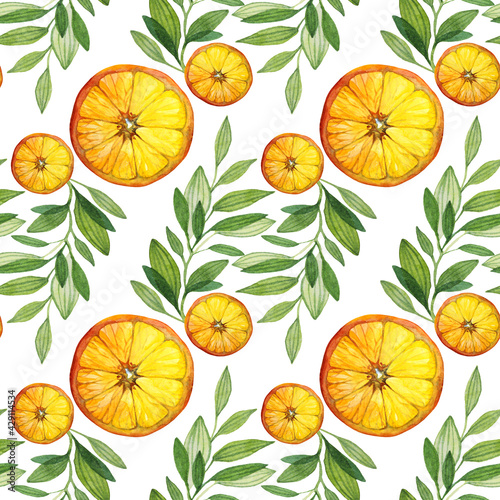 Seamless pattern watercolor citrus fruit orange slice and green leaves isolated on white background. Hand-drawn food object for menu, sticker, wrapping, card, wallpaper