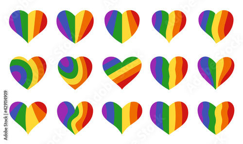 Love lgbt symbol icon set. Rainbow symetric hearts. Romantic gay abstract different shapes collection. Decorative element for invitation card. Isolated on white vector illustration in a flat style.