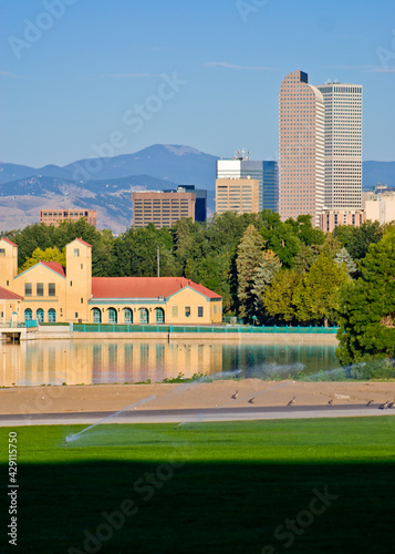 Denver Park - Summer morning at City Park Lake in Denver, Colorado with Pavilion reflecting in the calm lake