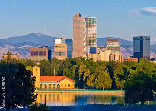 Denver Morning Light - Denver City Park Lake, downtown Denver skyline on a summer morning at City Park Lake, Denver, Colorado