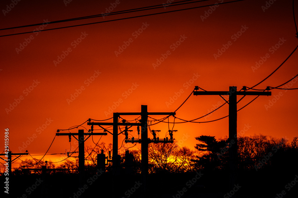 Power lines in front of sunset 