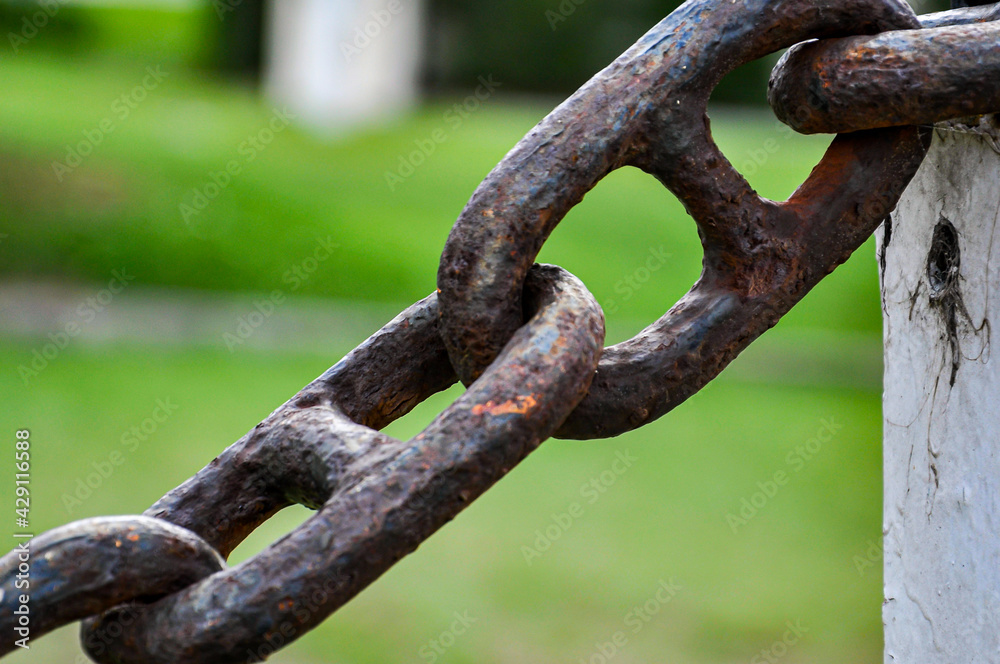 Strong rusted old chain with grass behind Strong rusted old chain with grass behind