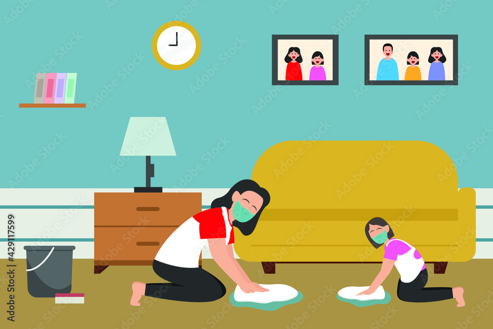House chores vector concept: Young mother and her daughter mop the floor together while wearing face mask