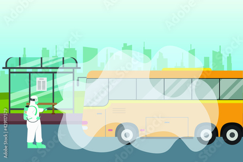 Disinfectant vector concept: Young man spraying disinfectant to the public bus while wearing protective suit