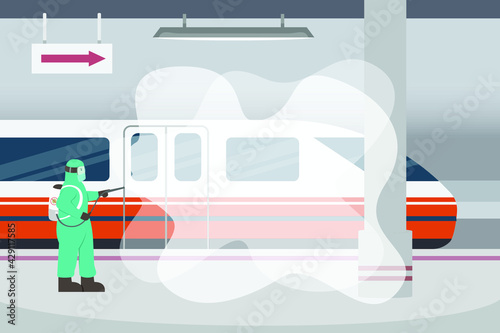 Disinfectant vector concept: Young man spraying disinfectant to the train in station while wearing protective suit