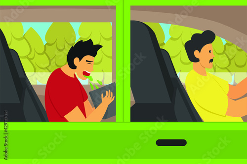 Sickness vector concept: Young man suffering nausea in the car while sitting on the back seat