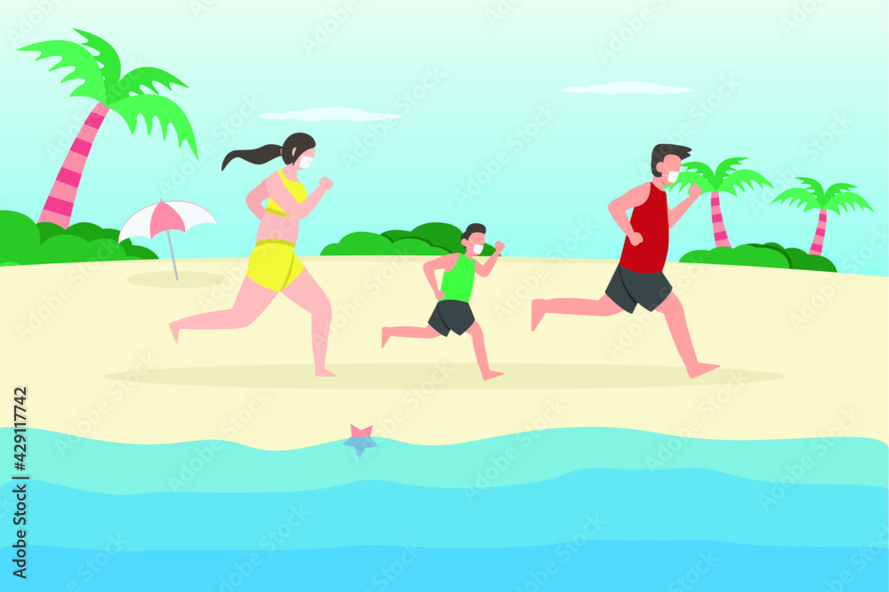 Jogging vector concept. Happy family jogging at the beach while wearing face mask