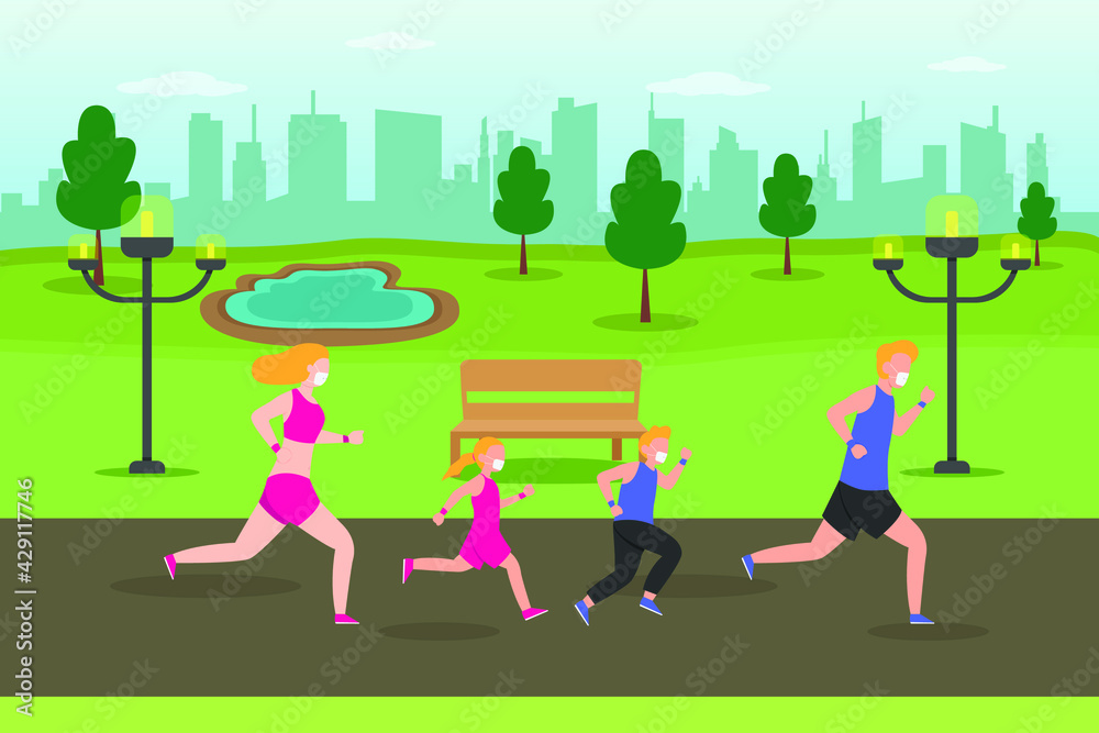 Jogging vector concept. Happy family jogging together at the park while wearing face mask Jogging vector concept. Happy family jogging together at the park while wearing face mask