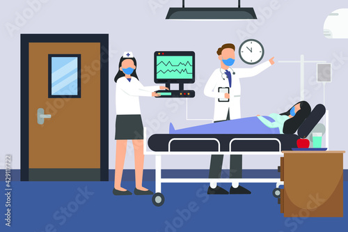 Health vector concepta. Doctor and nurse visiting patient while wearing face mask in the treatment room photo