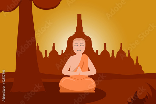 Buddha vector concept: Monk doing meditation while doing worship in the buddha temple