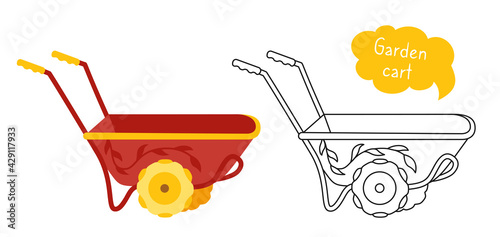 Garden cart cartoon set black line icon. Wheelbarrow tool outdoor activities digging. Work equipment symbol. Rural gardening, Construction equipment collection. Hand drawn garden vector illustration