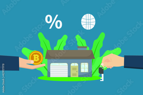 Cryptocurrency vector concept: Person buying a new house with bitcoin