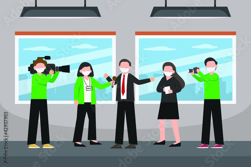 Press vector concept. News reporter and cameraman interviewing businessman in the office while wearing face mask